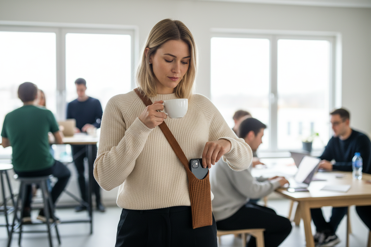 Femme consultant son téléphone dans son étui Sokee lors d'une pause café 